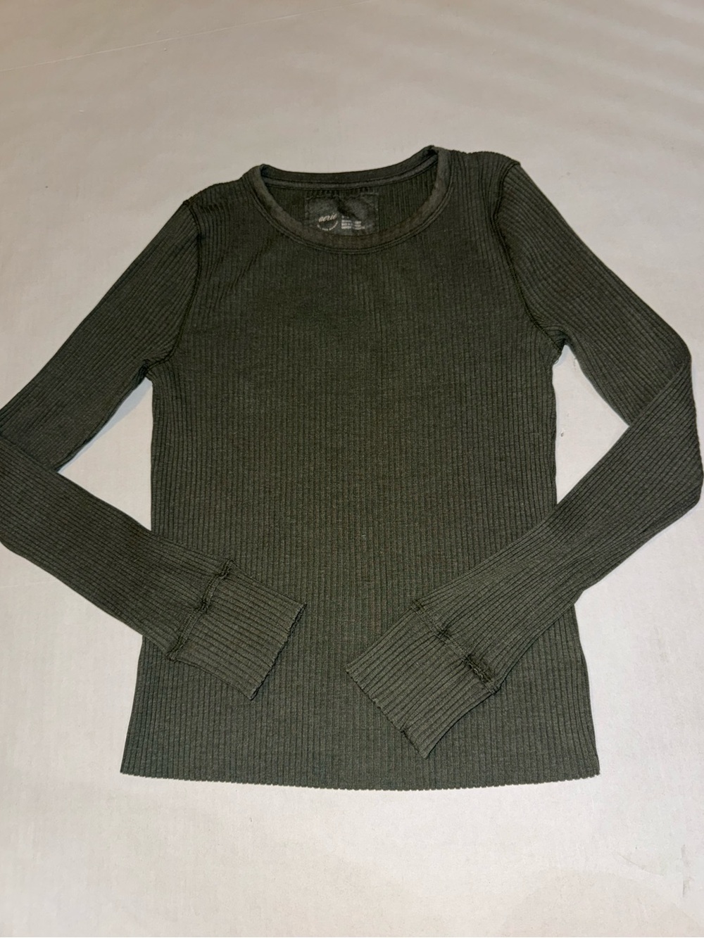 aerie Ribbed Long Sleeve Crewneck Top - Olive